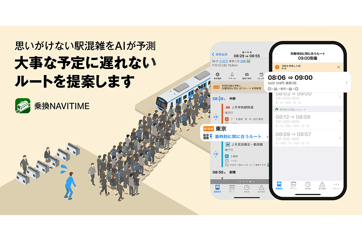 『乗換NAVITIME』AIによる駅混雑予測で思いがけない乗換の遅れを先読み、推奨出発時刻や代替ルートを提案する新機能を提供開始